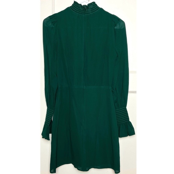 REFORMATION Emerald Crepe Long Puffed Bell Sleeve Ruffled High Neck Mini Dress 2 - Picture 4 of 8